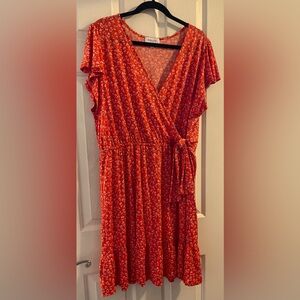 Gilli Coral Red Floral Ruffle Hem Faux Wrap Dress w/ Flutter Sleeves 3XL
